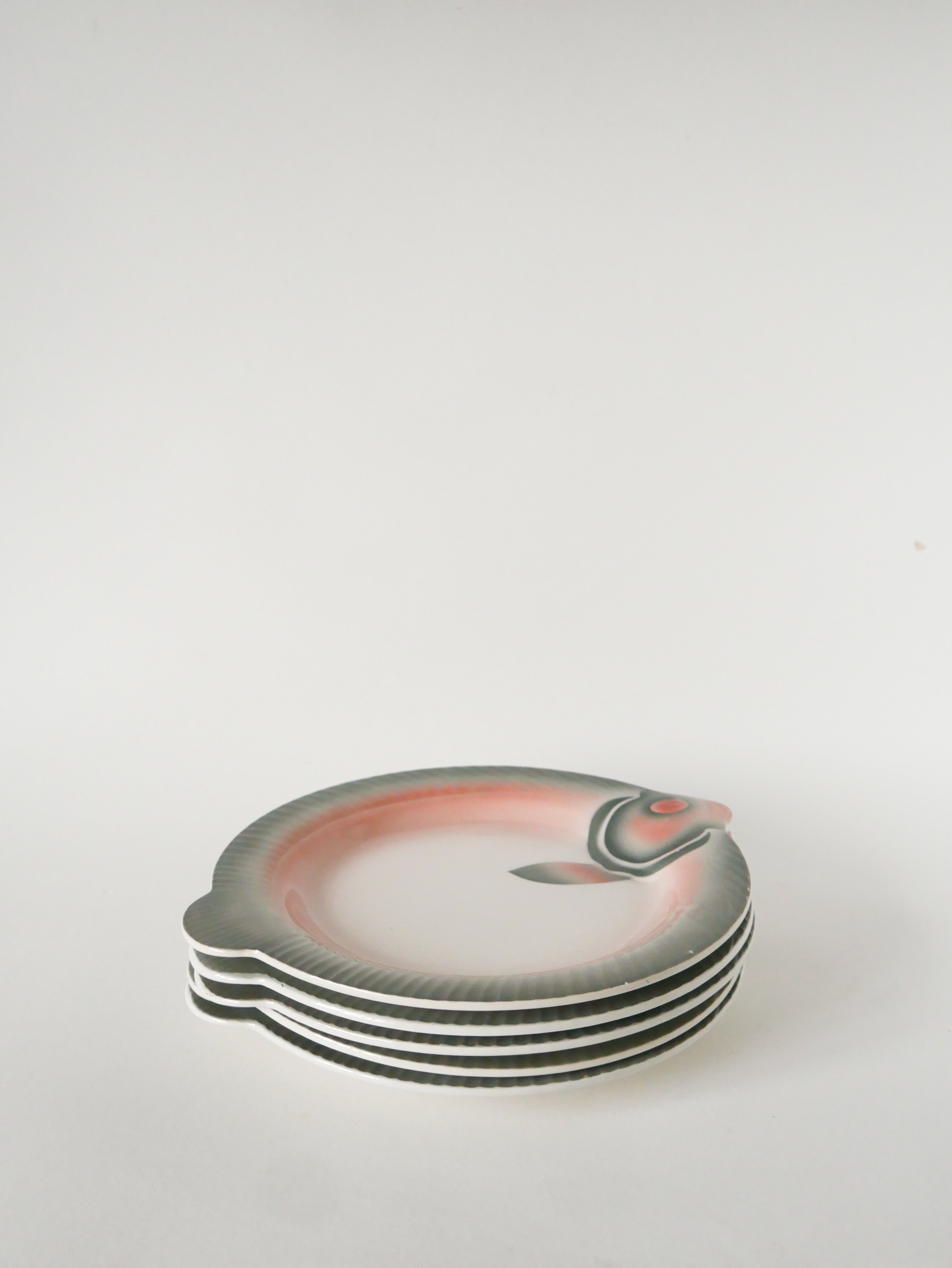 Lot De 6 Assiettes Plates En Barbotine, Forme Poisson, Rose Et Gris, 1960