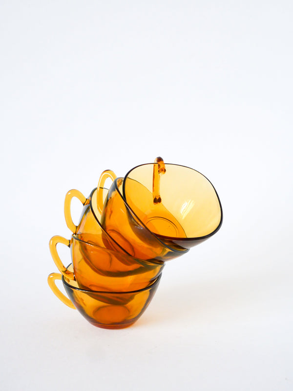 Lot De 5 Tasses À Café En Verre Ambré, Design, 1970