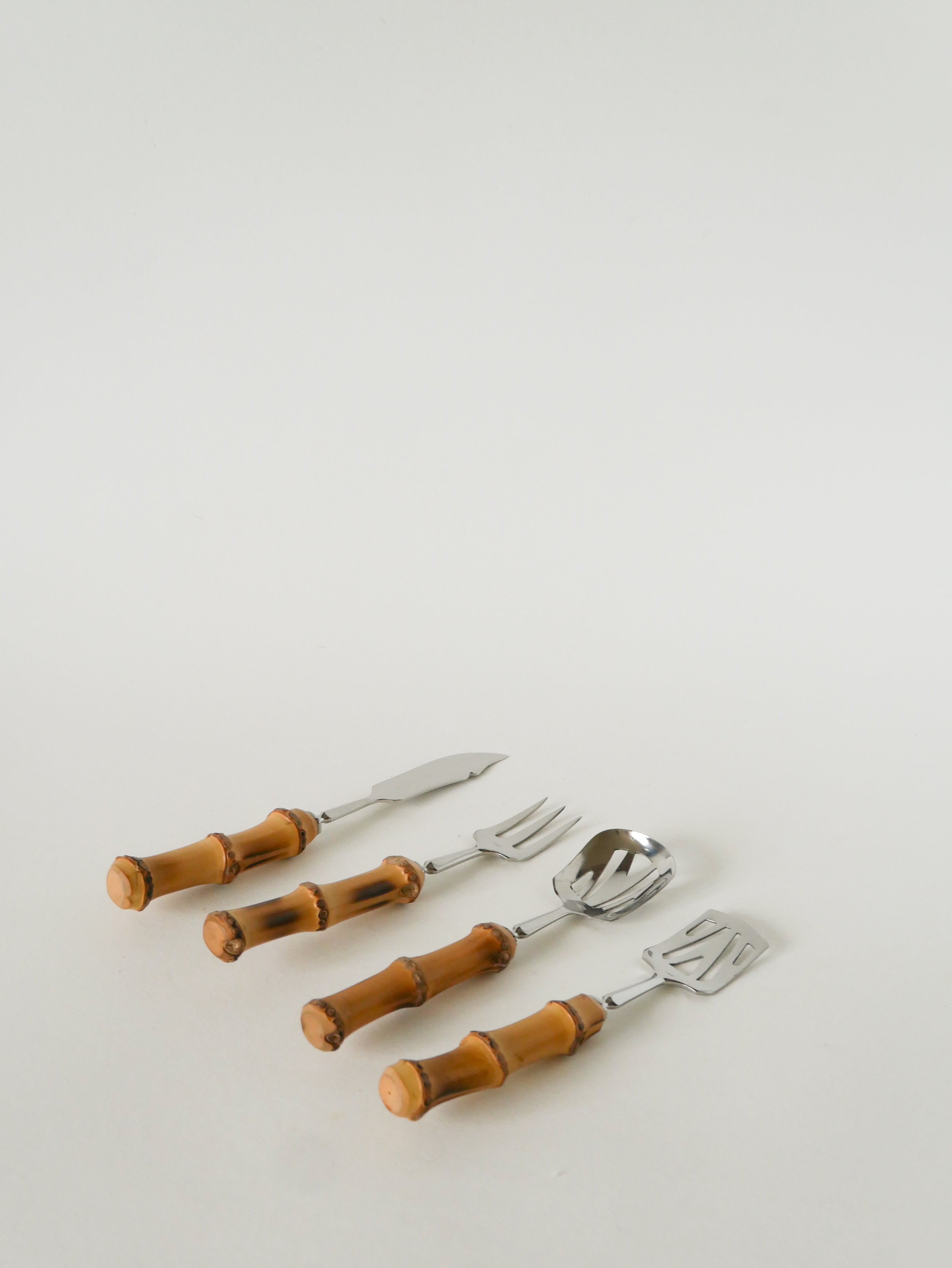 Ensemble De Couverts À Dessert En Bois Et Inox, Effet Bambou, 1960