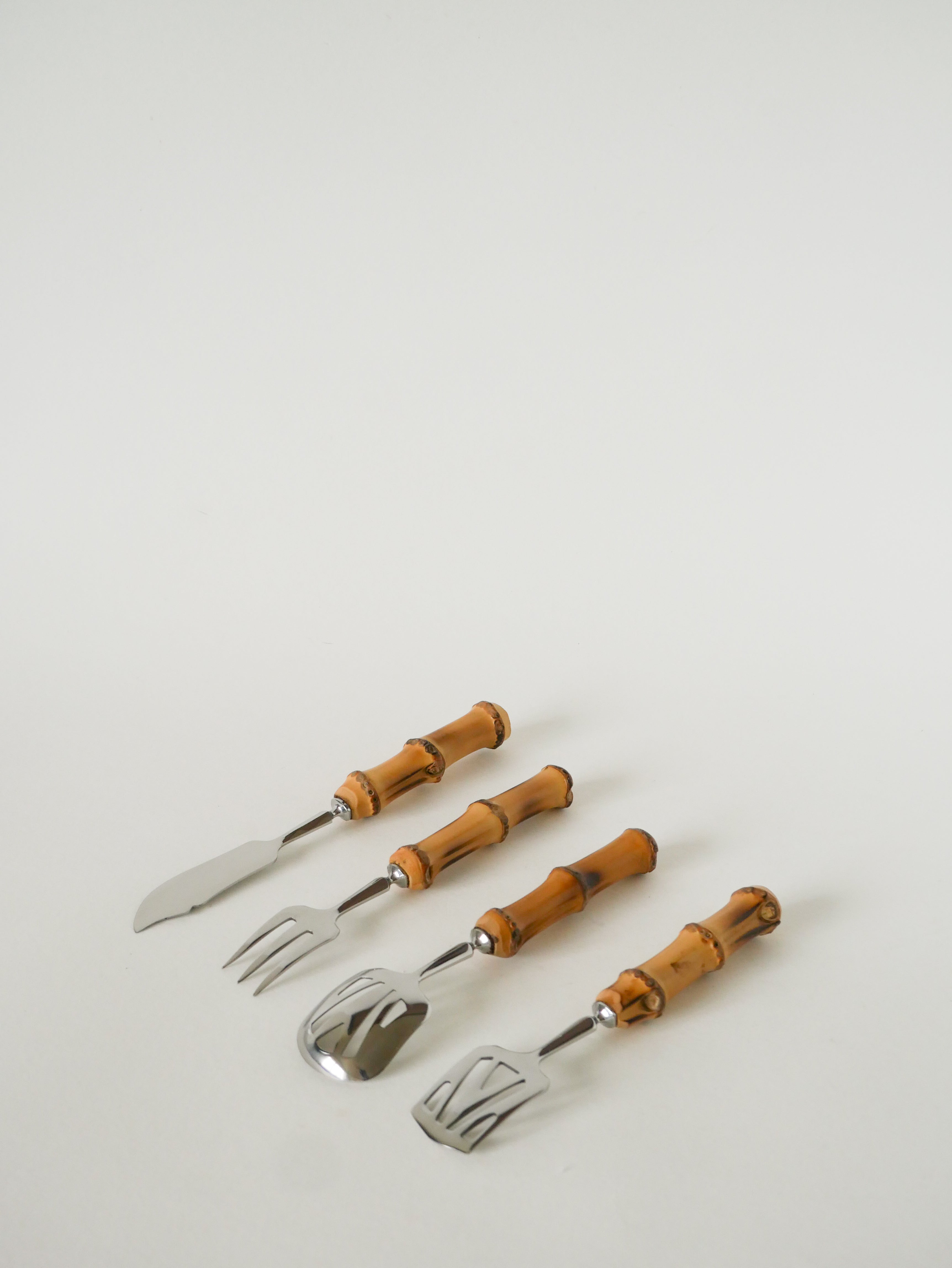 Ensemble De Couverts À Dessert En Bois Et Inox, Effet Bambou, 1960