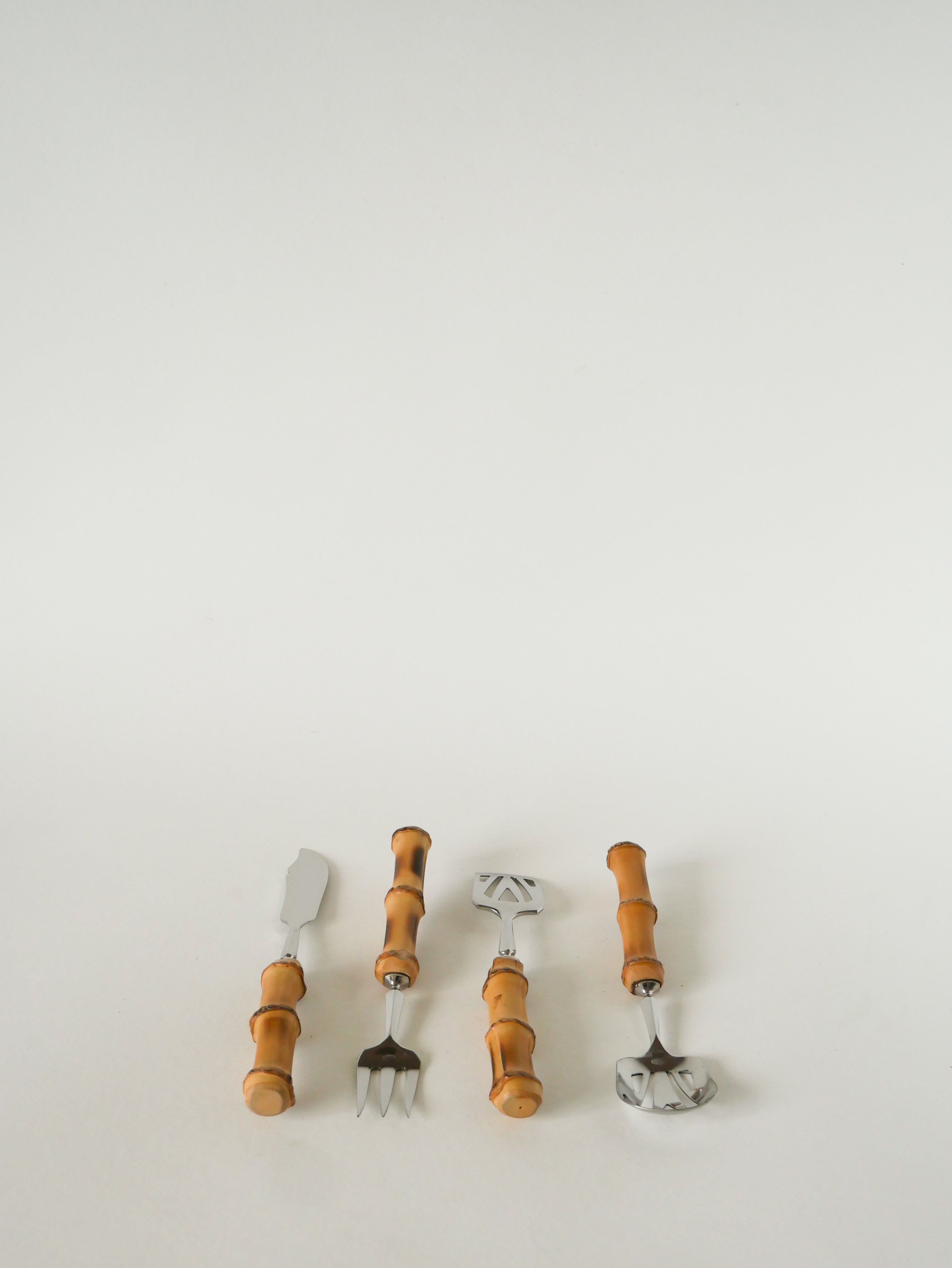 Ensemble De Couverts À Dessert En Bois Et Inox, Effet Bambou, 1960