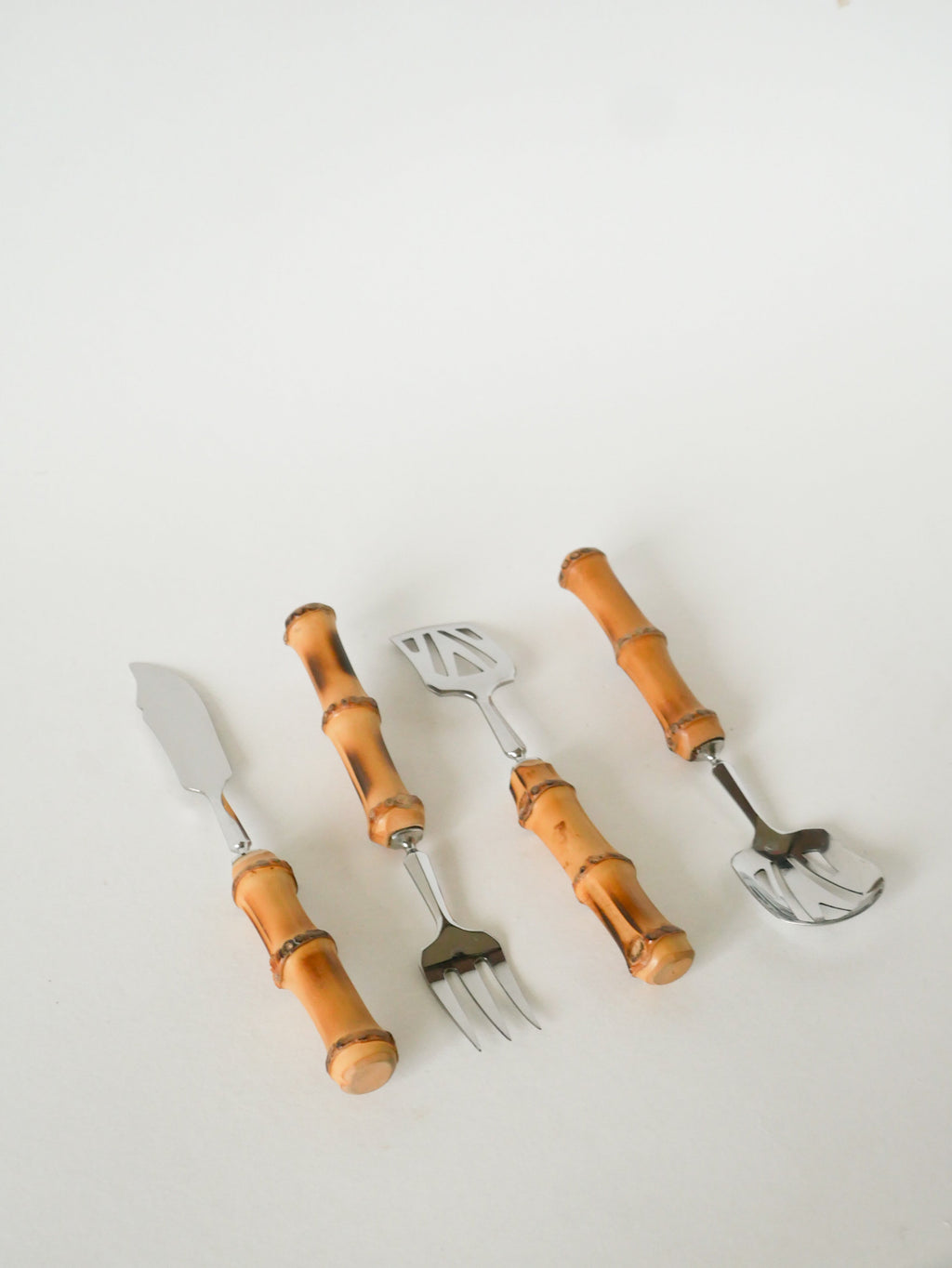 Ensemble De Couverts À Dessert En Bois Et Inox, Effet Bambou, 1960