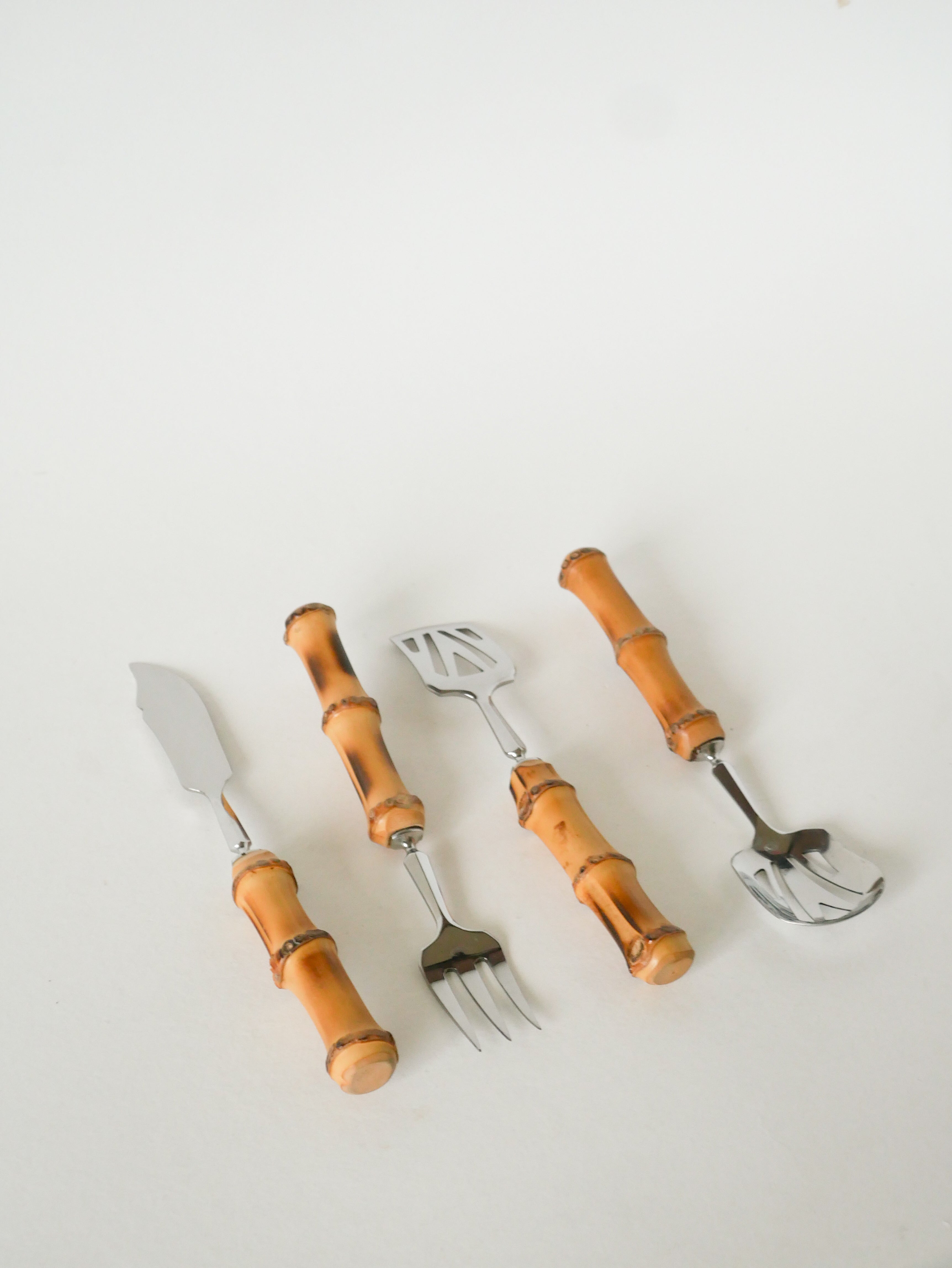Ensemble De Couverts À Dessert En Bois Et Inox, Effet Bambou, 1960