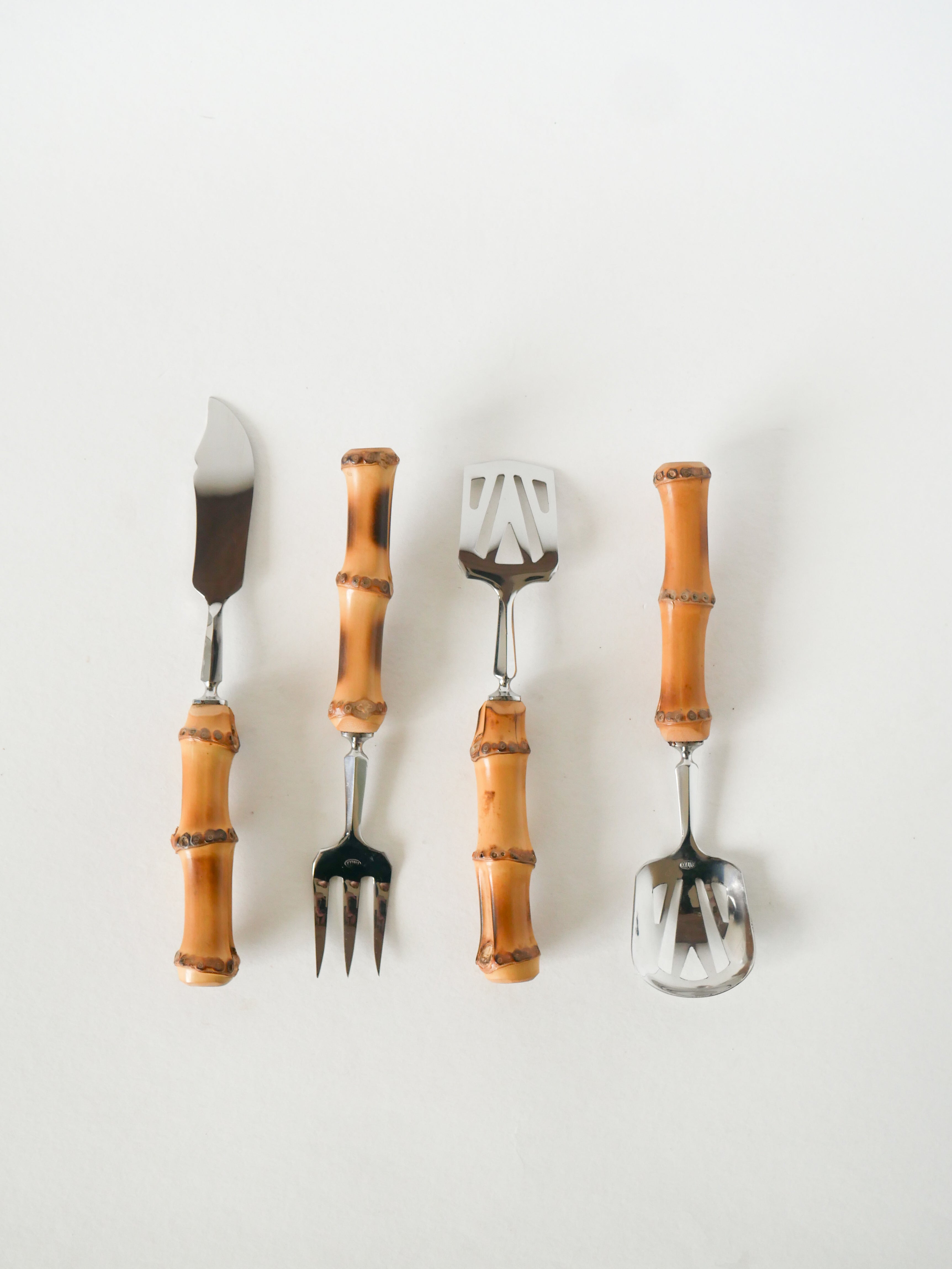 Ensemble De Couverts À Dessert En Bois Et Inox, Effet Bambou, 1960
