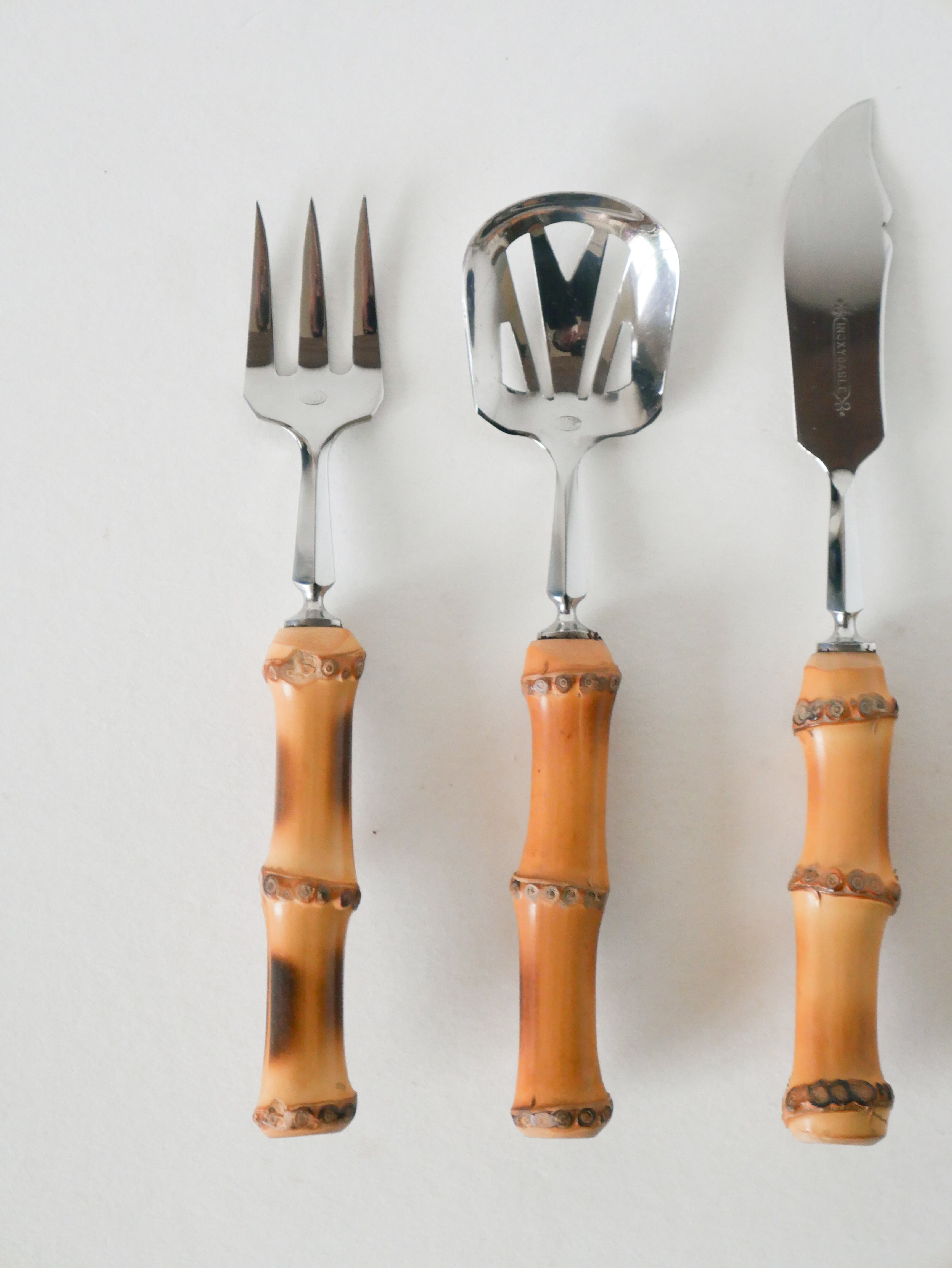 Ensemble De Couverts À Dessert En Bois Et Inox, Effet Bambou, 1960