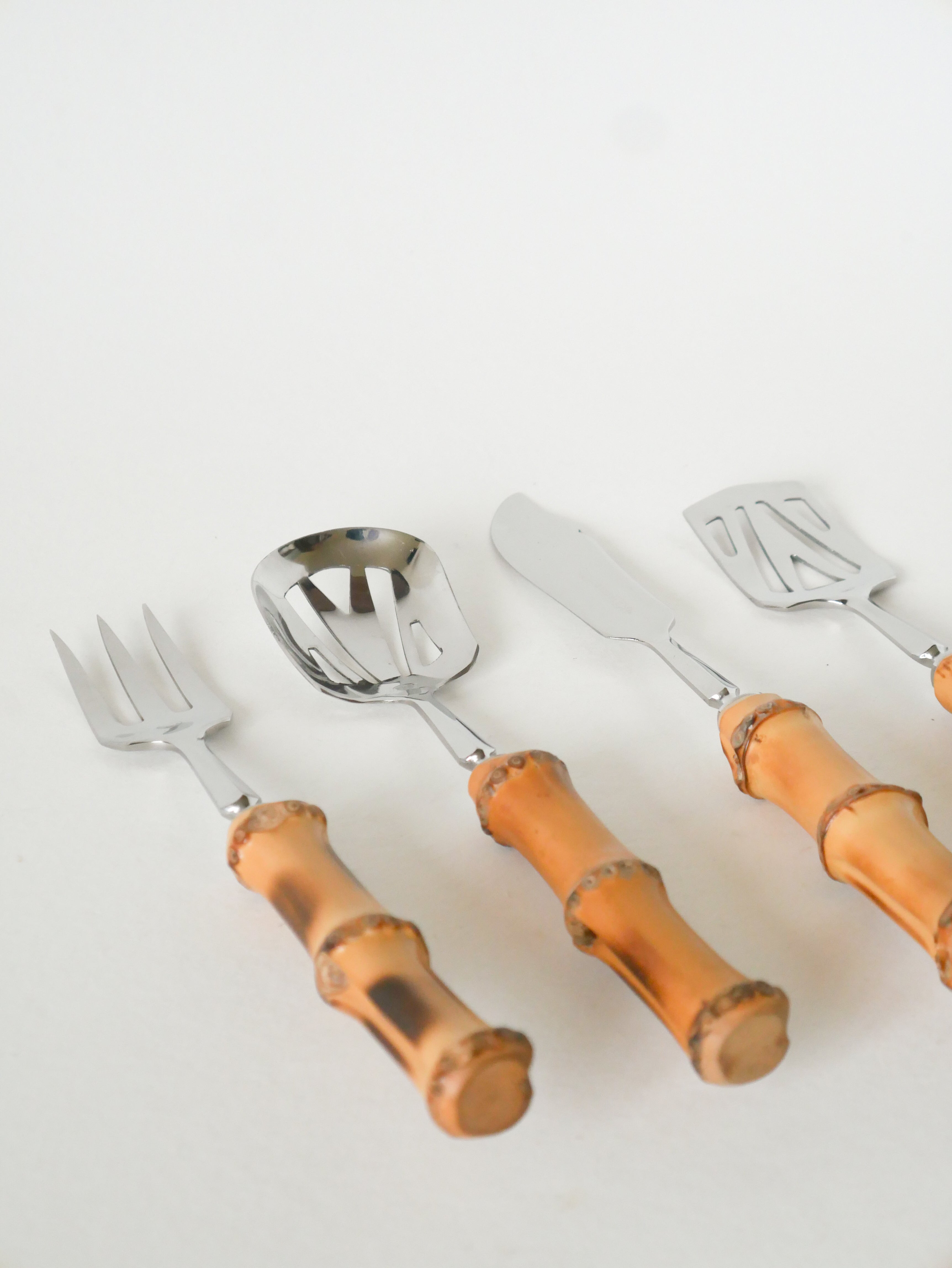 Ensemble De Couverts À Dessert En Bois Et Inox, Effet Bambou, 1960