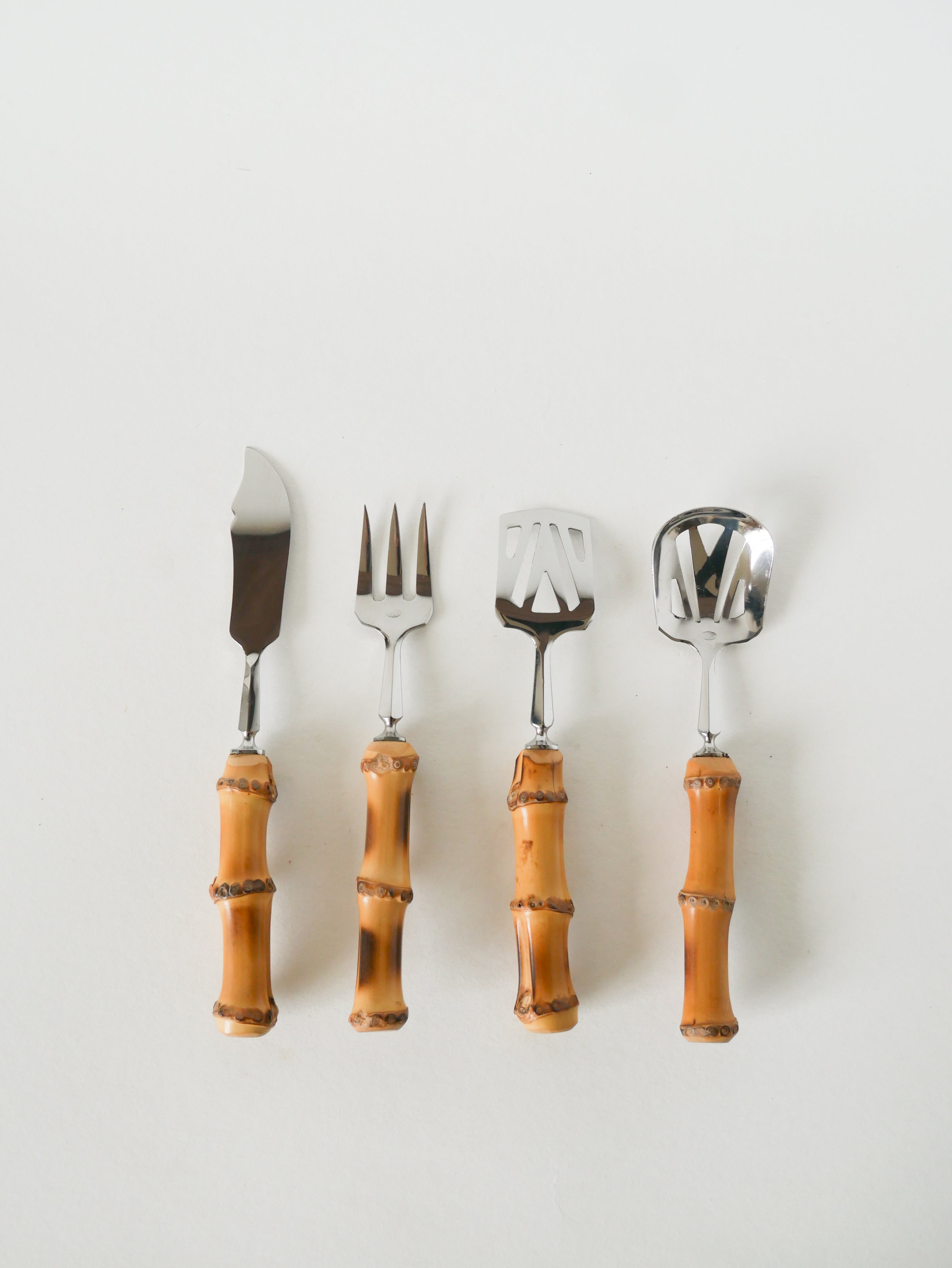Ensemble De Couverts À Dessert En Bois Et Inox, Effet Bambou, 1960