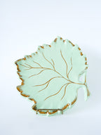Grand Dessous De Plat En Barbotine Modèle Feuille, Menthe & Doré, 1960