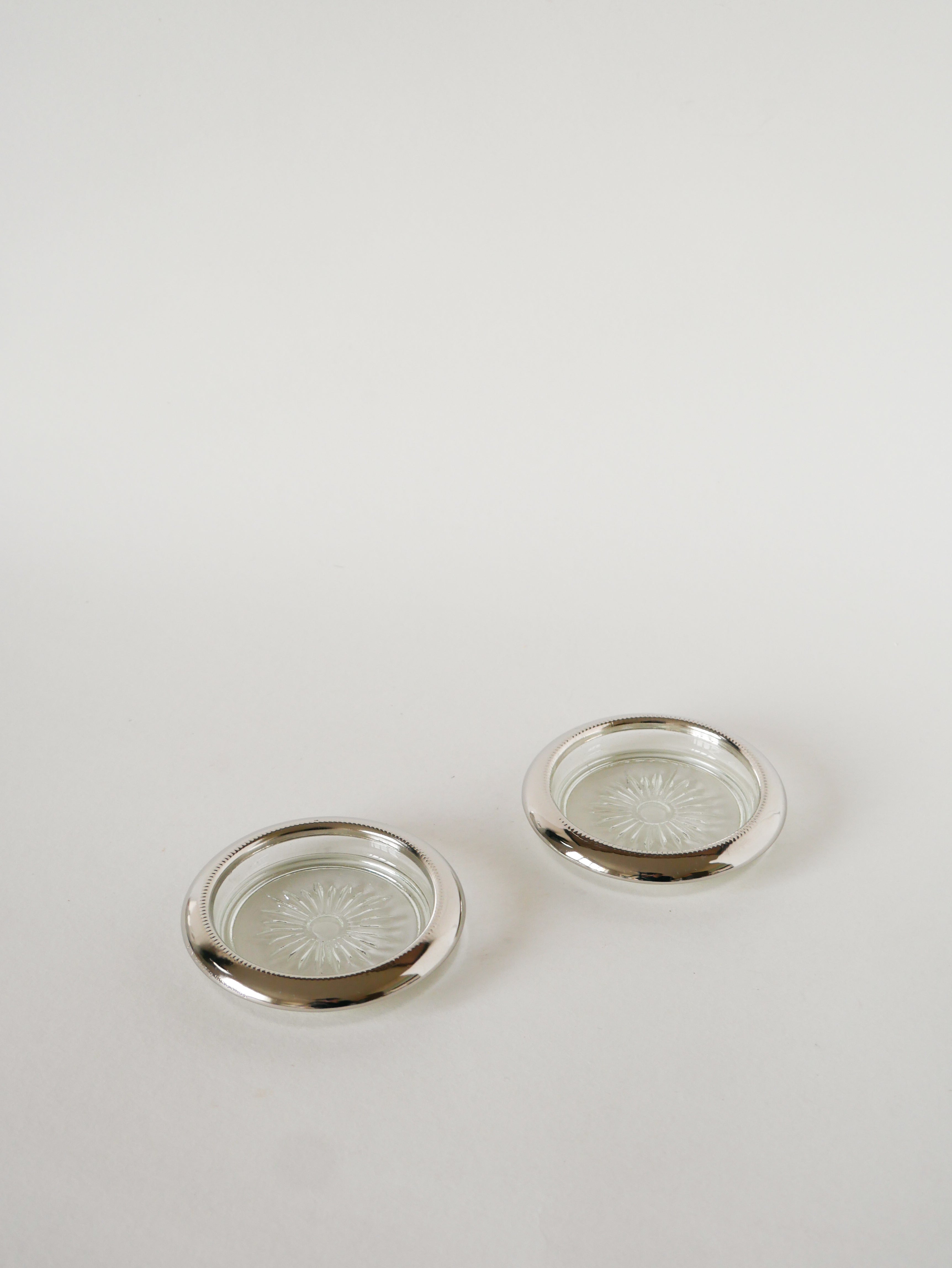 Paire De Dessous De Verres, En Verre & Métal Argenté, 1950