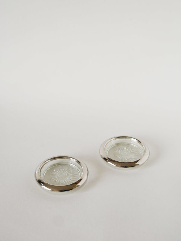 Paire De Dessous De Verres, En Verre & Métal Argenté, 1950