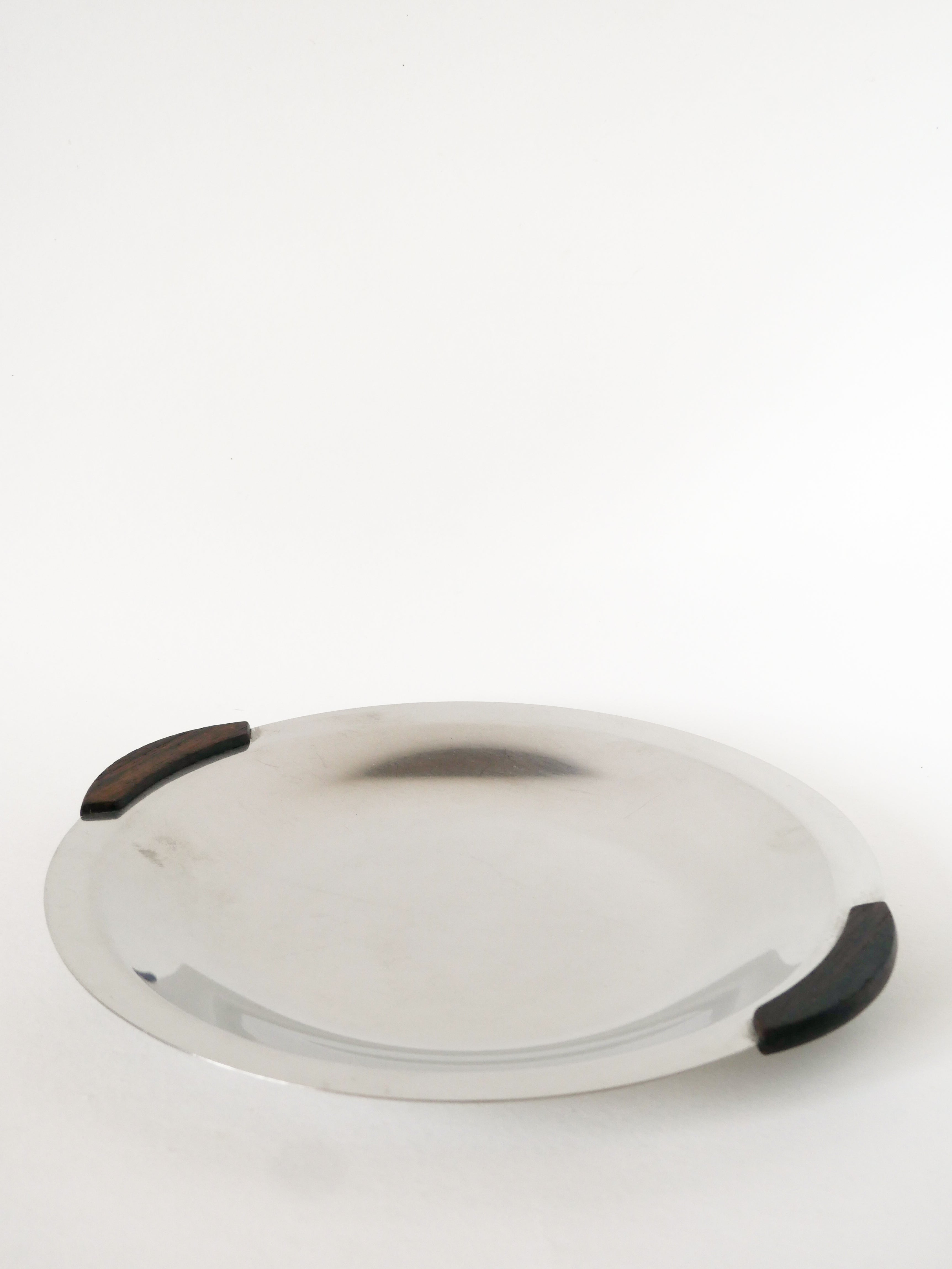 Plat Rond En Inox Avec Poignées En Bois - Design 1970 - 32Cm