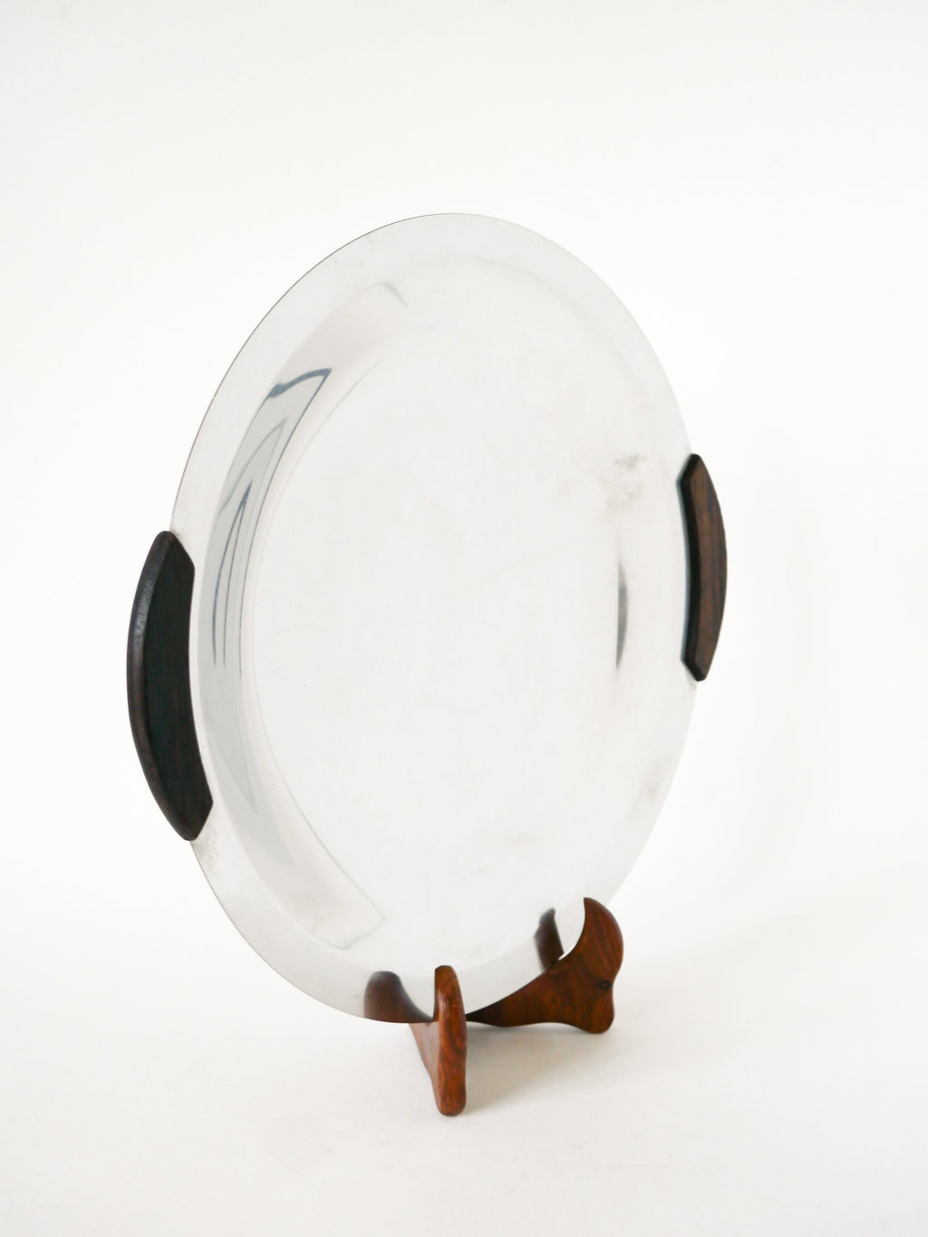Plat Rond En Inox Avec Poignées En Bois - Design 1970 - 32Cm