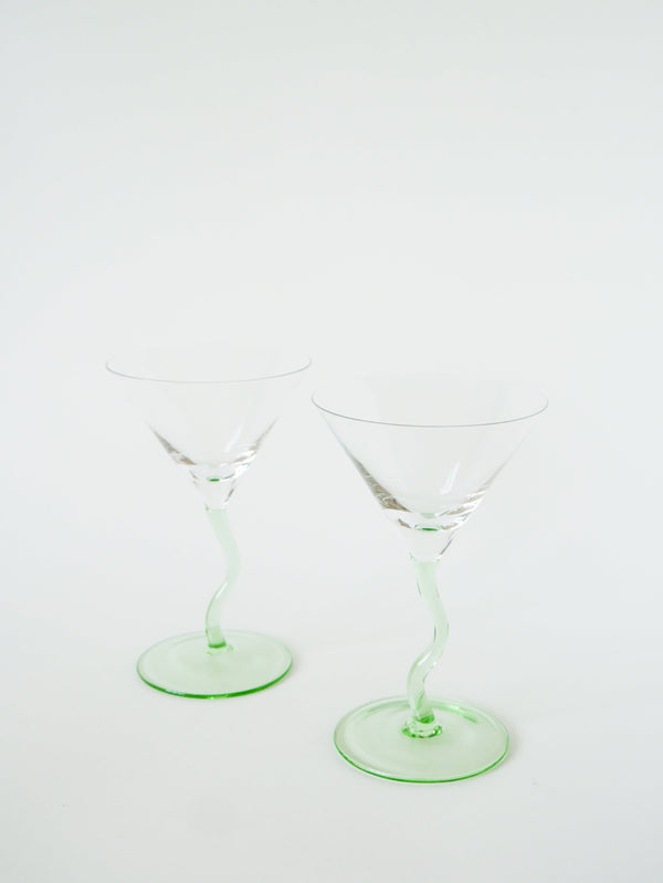 Paire De Verres À Cocktails, Pieds Torsadés, Verts, Design, 1980