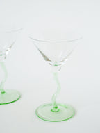 Paire De Verres À Cocktails, Pieds Torsadés, Verts, Design, 1980