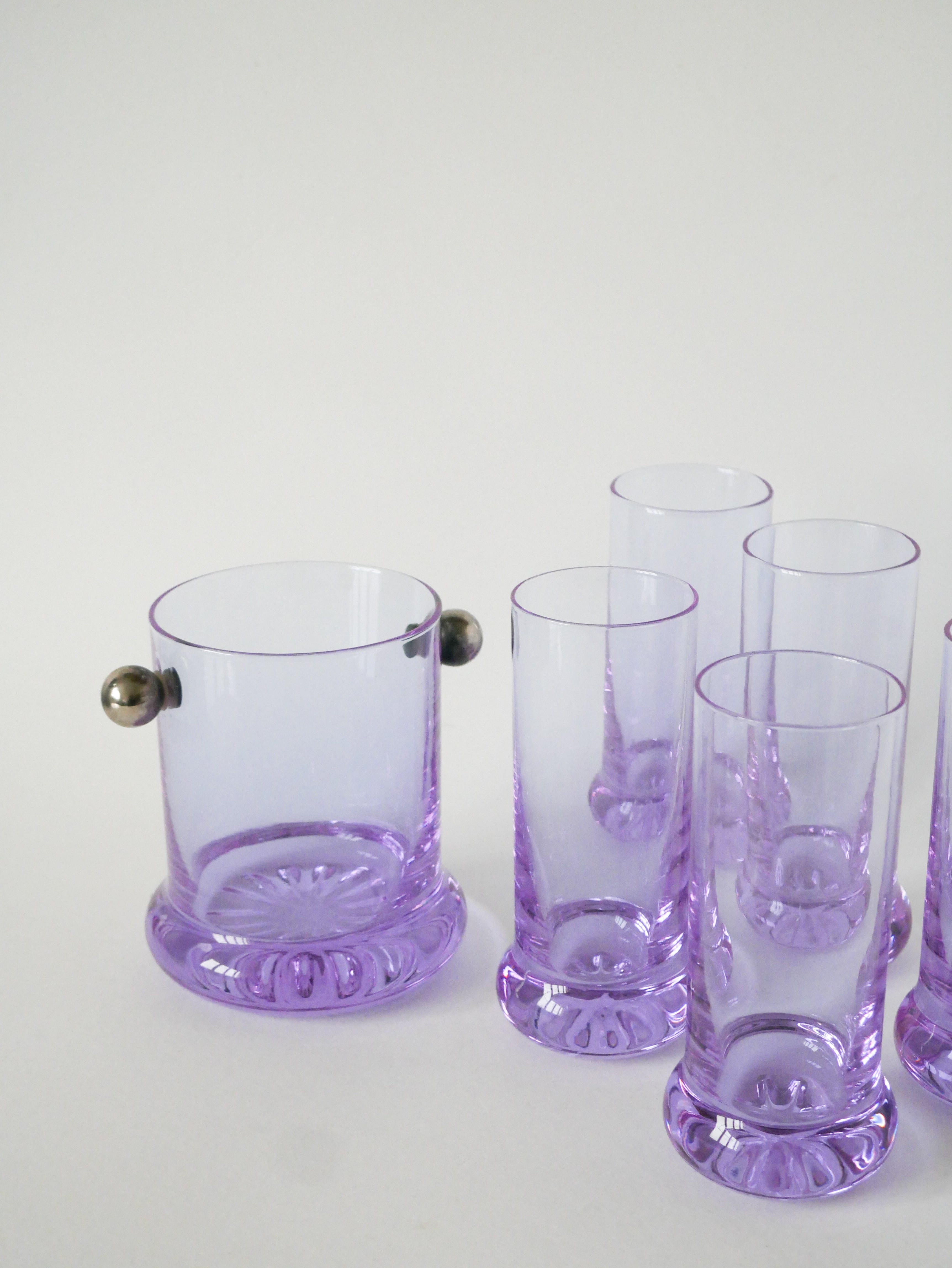 Ensemble Composé De 5 Verres À Cocktails Et D'Un Seau À Glace, Violet Et Chrome, Made In Italy, 1960