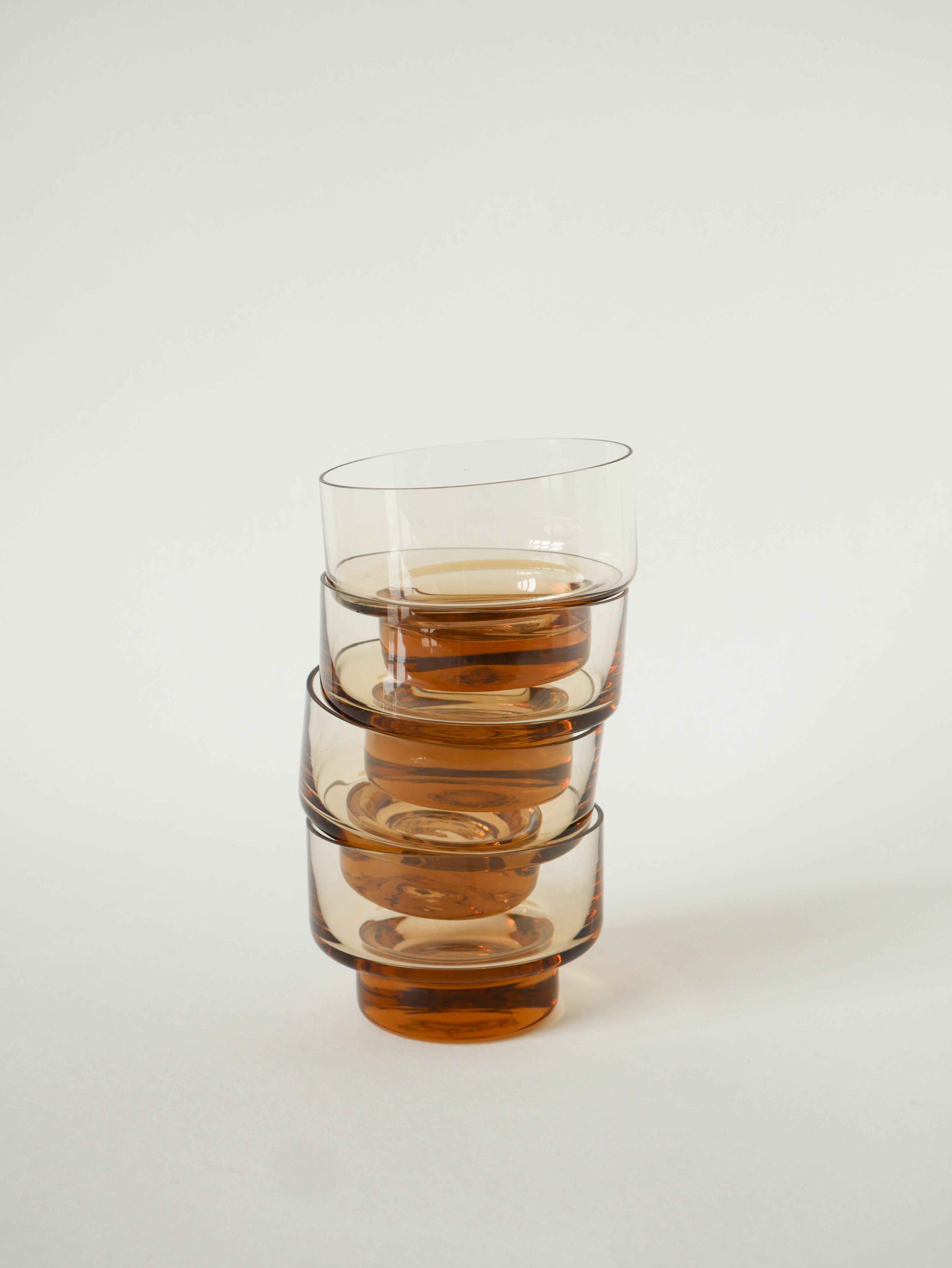 Lot De 4 Coupes En Verre, Ambre Rose, Design, 1970