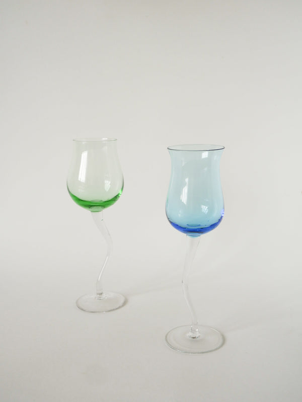 Duo De Verres À Vin, Curve, Bleu Et Vert, 1980