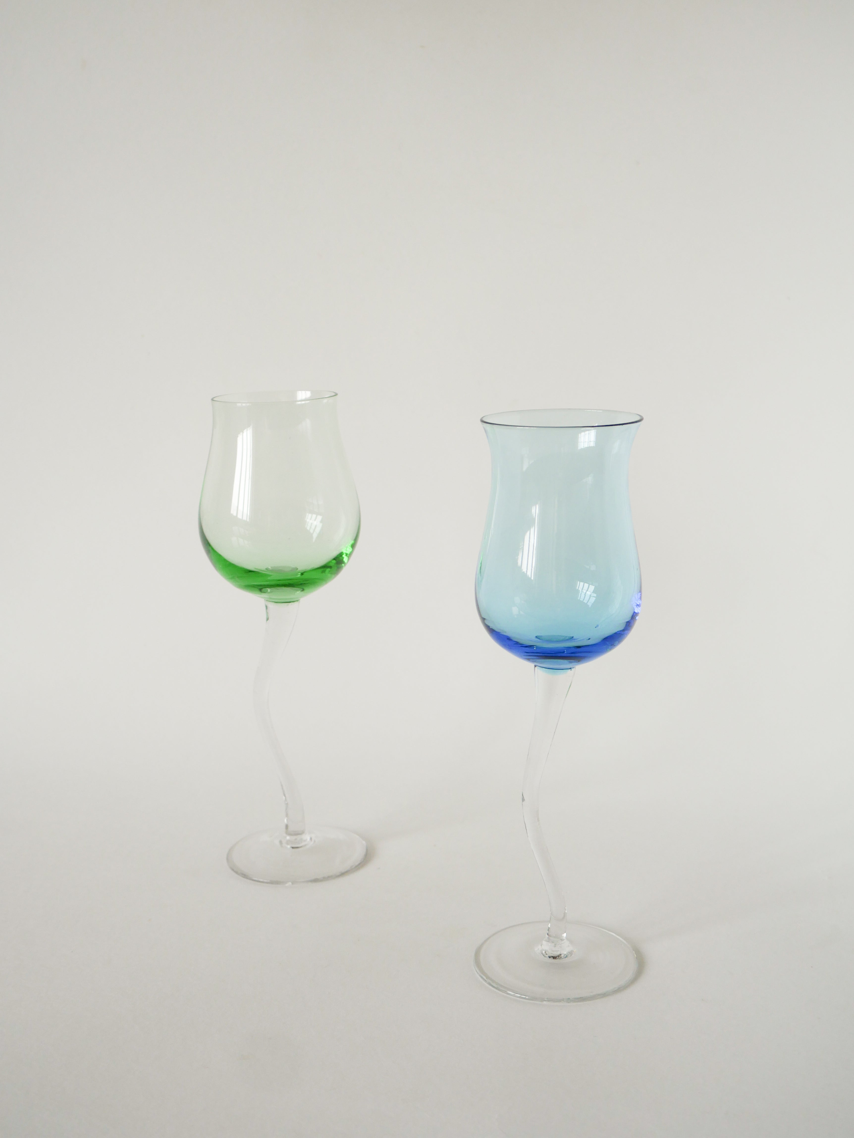 Duo De Verres À Vin, Curve, Bleu Et Vert, 1980