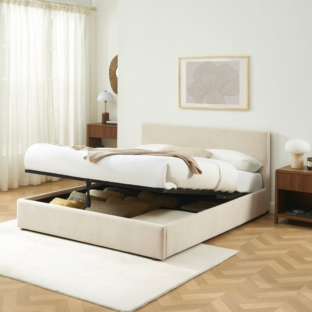Vania - Lit Coffre - Tissu Beige