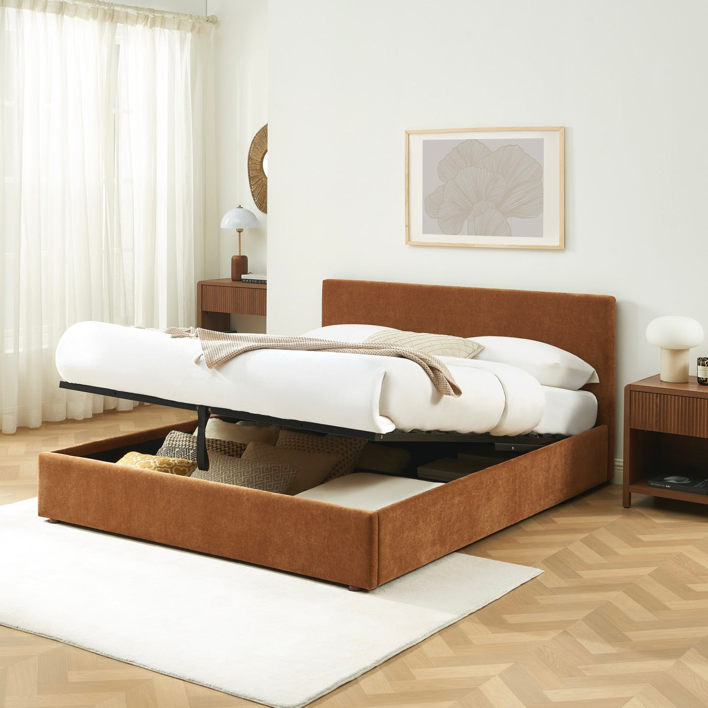 Vania - Lit Coffre - Tissu Marron
