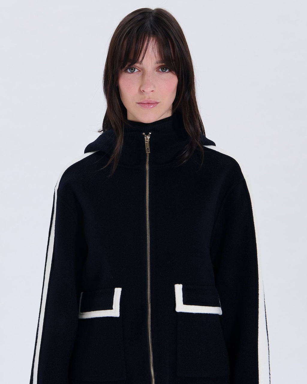 Manteau en laine bicolore nocturne contour cuir_2