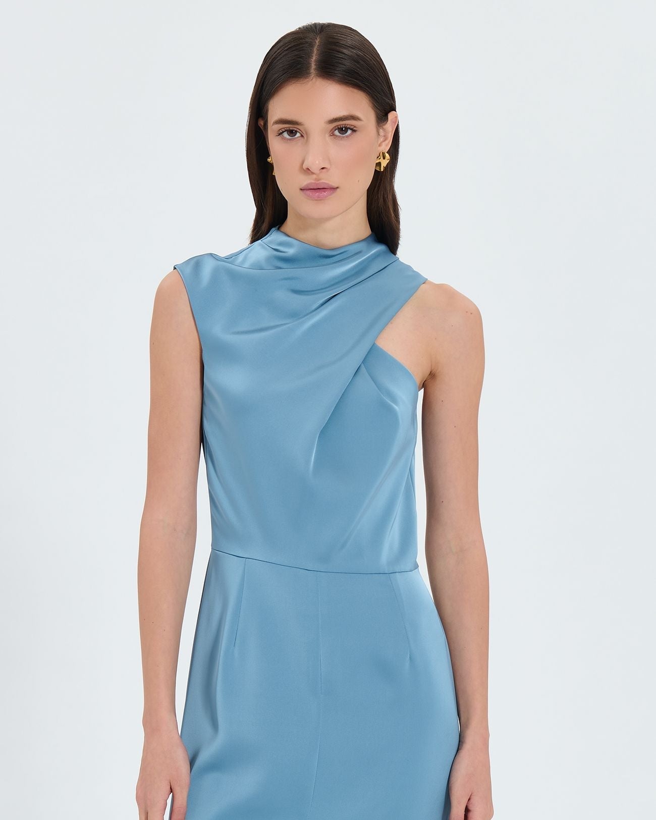 Robe asymétrique satinée bleue_2
