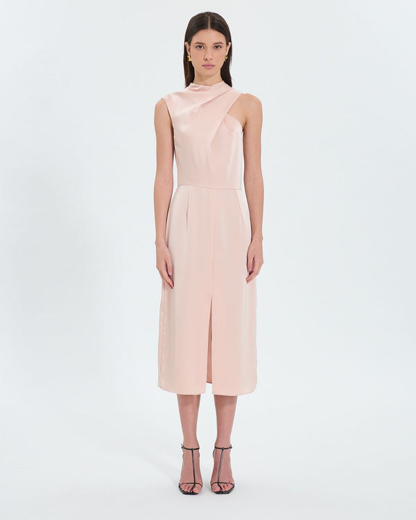 Robe asymétrique satinée nude_1