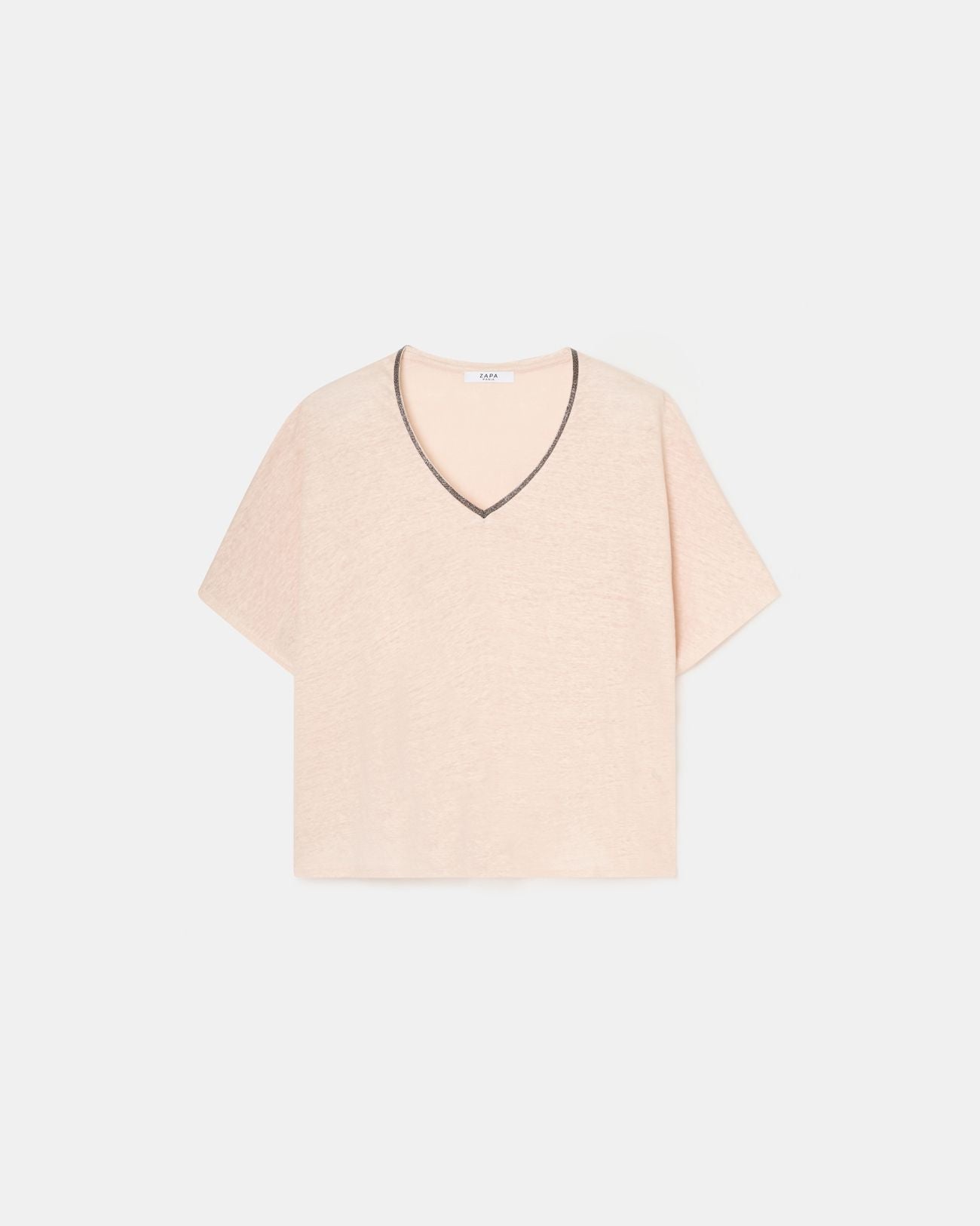 T-shirt col V en lin nude_5