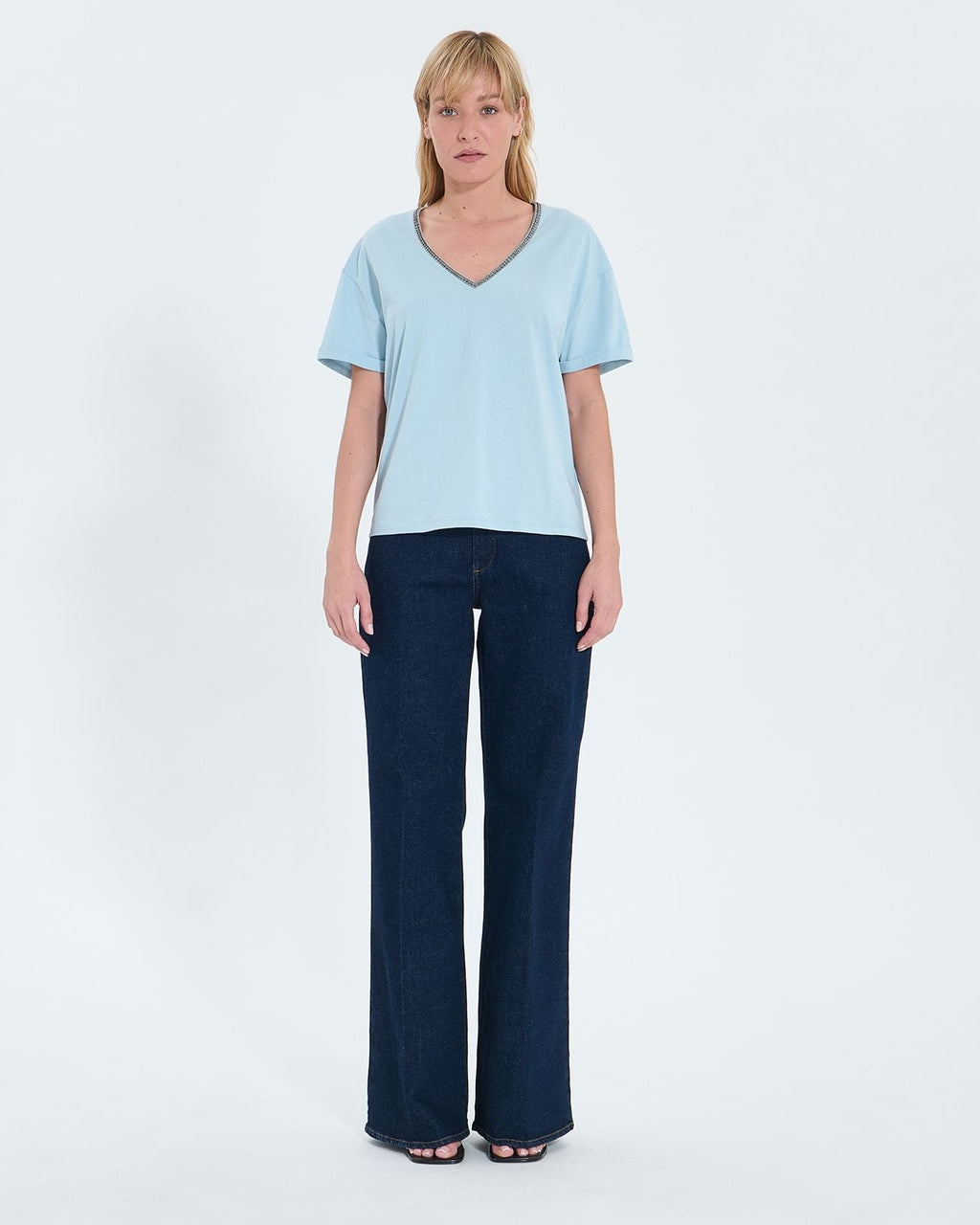 Tee-shirt ajusté en coton bleu ciel_4