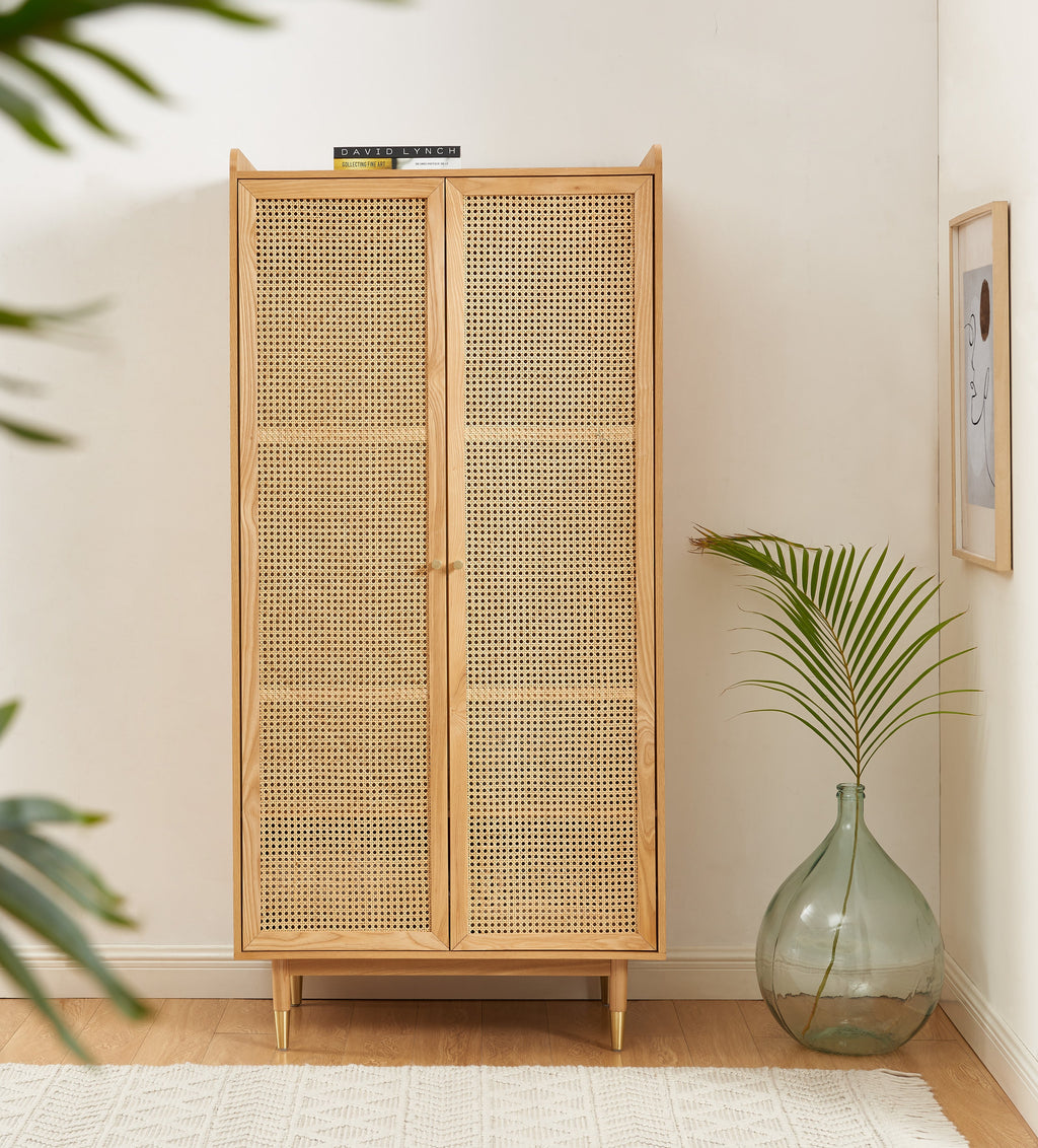 Armoire Leon - Placage Chêne Et Cannage Rotin 2 Portes