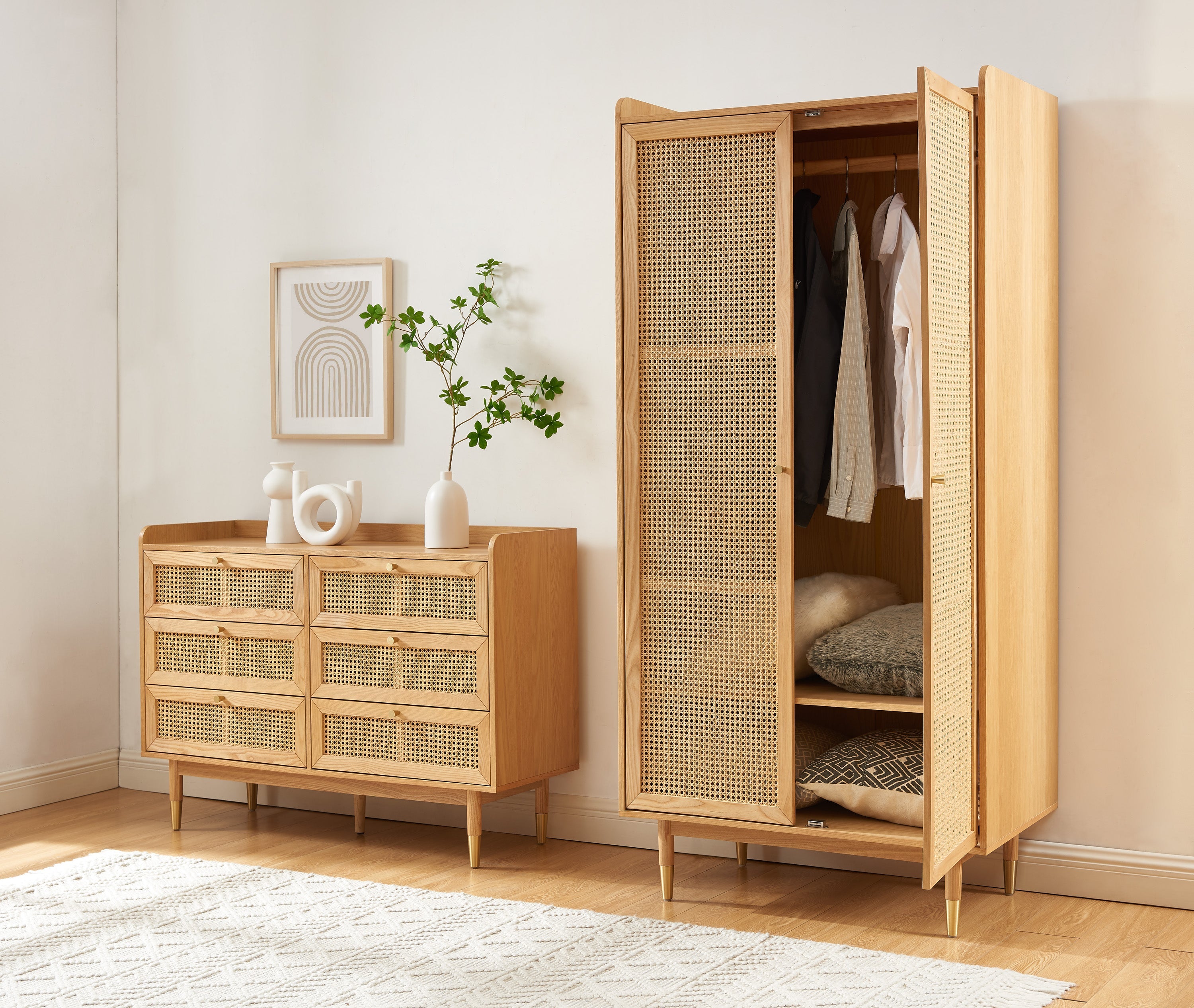 Armoire Leon - Placage Chêne Et Cannage Rotin 2 Portes