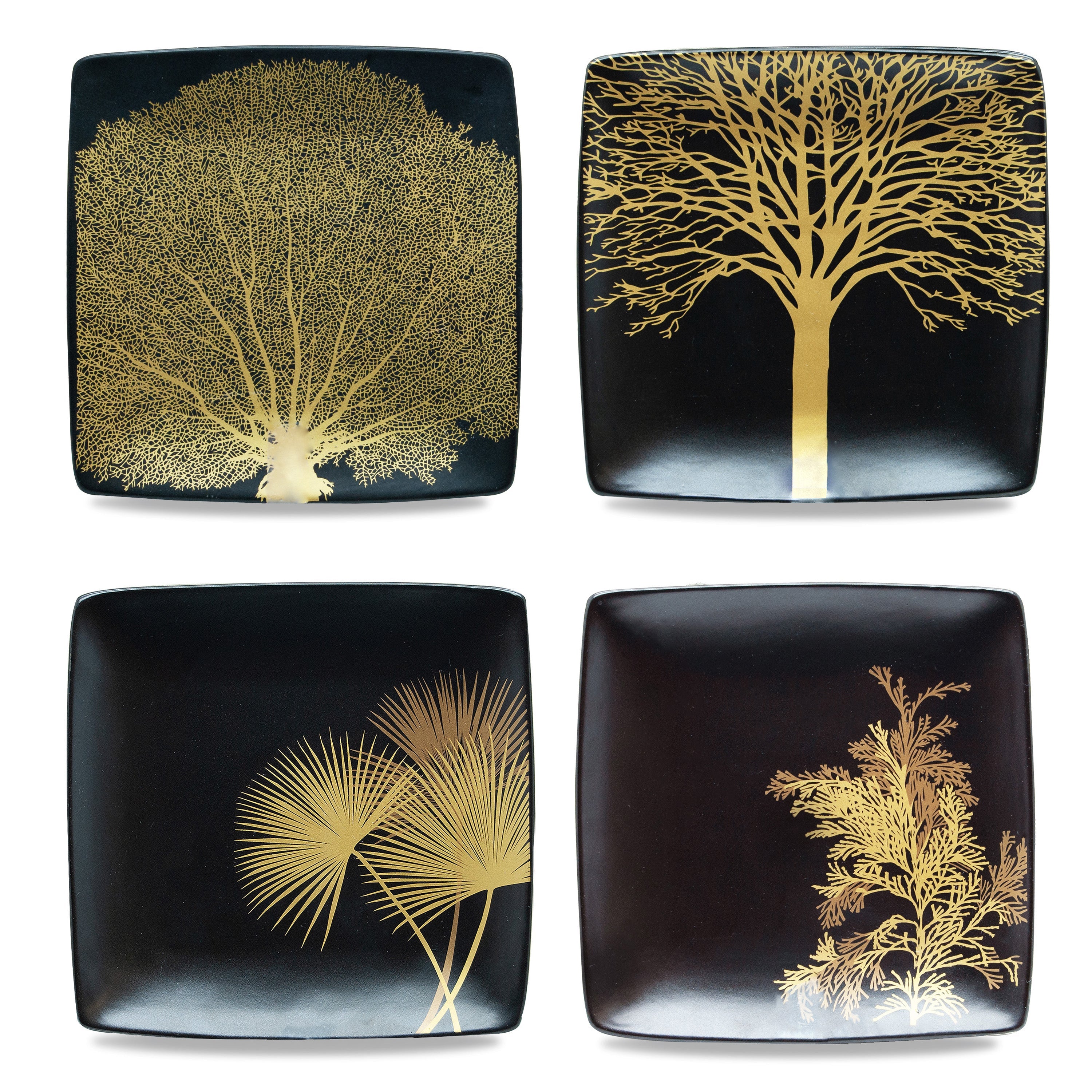 Singapore - Ensemble De 4 Assiettes Carrées En Céramique À Décor Doré - Noir - Céramique
