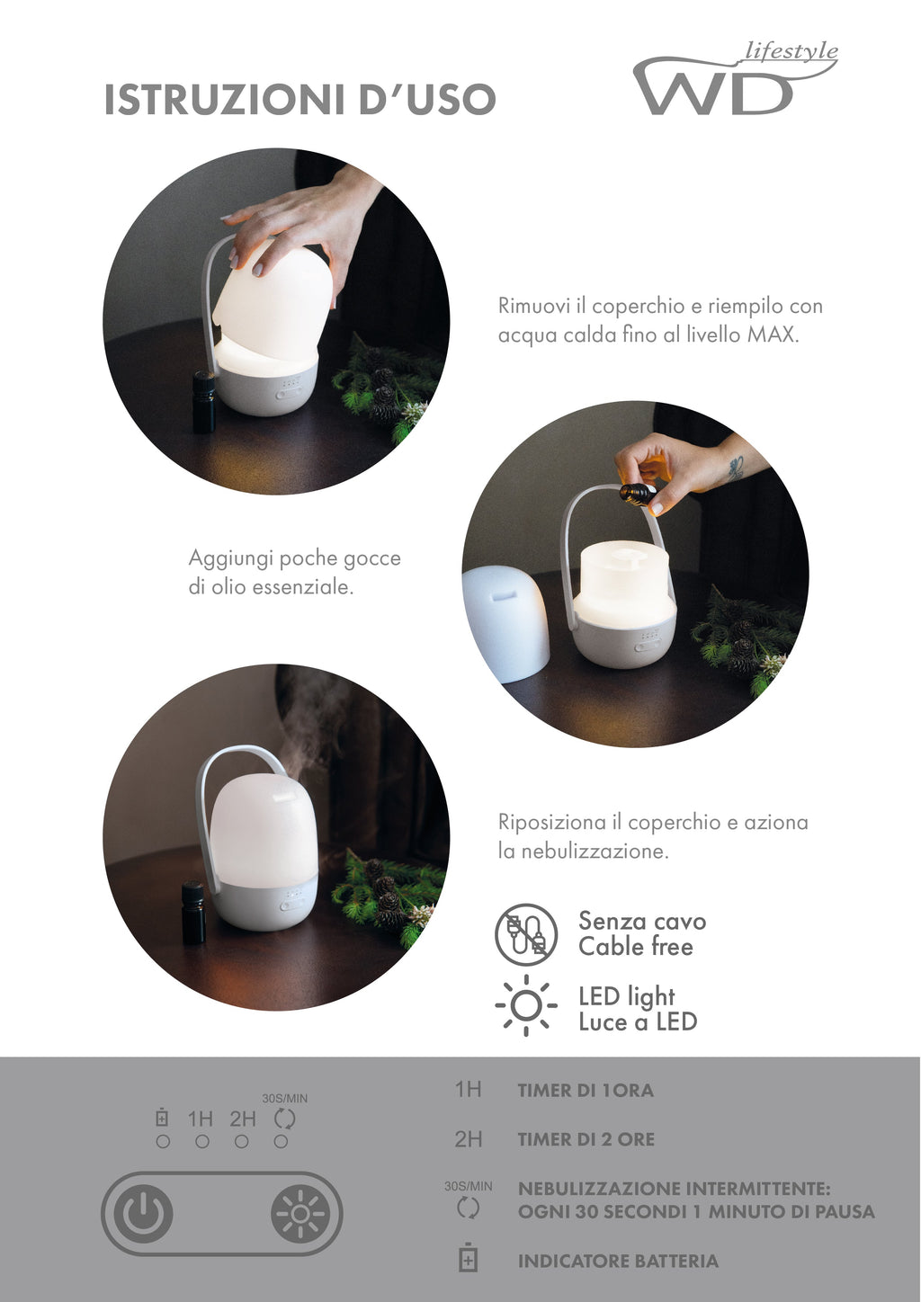 Milano - Diffuseur Ultrasonique Sans Fil Et Rechargeable Avec Lumière LED