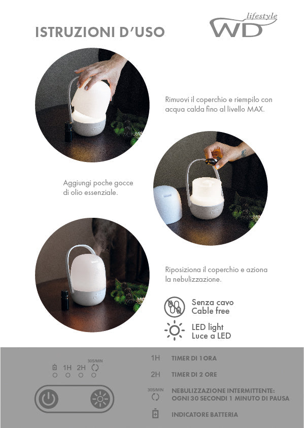Milano - Diffuseur Ultrasonique Sans Fil Et Rechargeable Avec Lumière LED