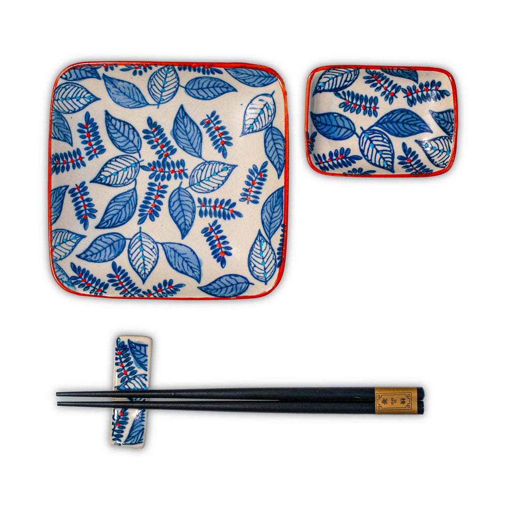 Pechino - Set De 2 Assiettes, 2 Bols Et 2 Jeux De Baguettes - Bleu - Céramique