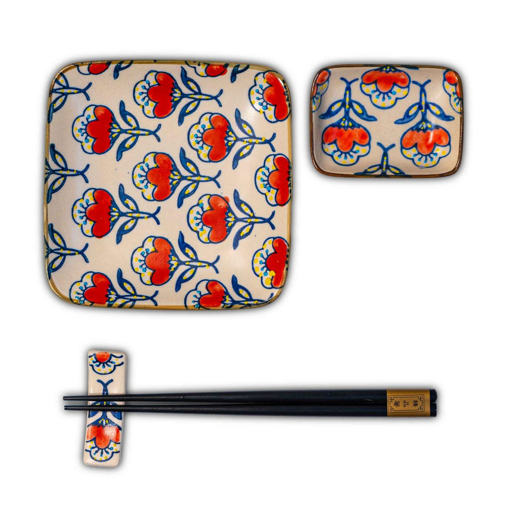 Pechino - Set De 2 Assiettes, 2 Bols Et 2 Jeux De Baguettes - Bleu - Céramique
