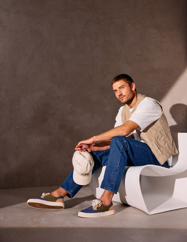 Baskets Basses Alexandre - Toile Bleu Gris, Beige Et Kaki - Homme