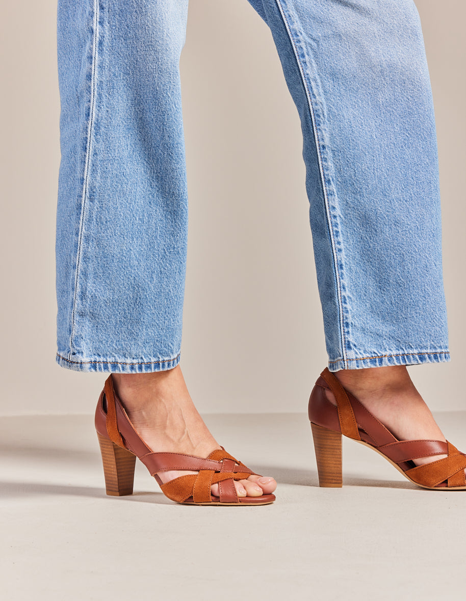 Sandales À Talons Clémentine H - Cuir Cognac Et Suède - Femme