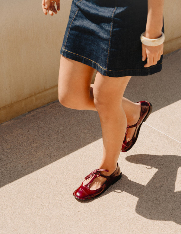 Ballerines Sora - Cuir Plissé Verni Bordeaux - Femme