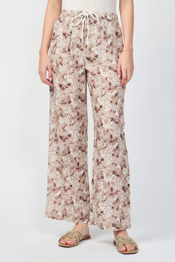 Pantalon Large En Lin Et Feuilles De Palmier - Noix De Muscade - Femme