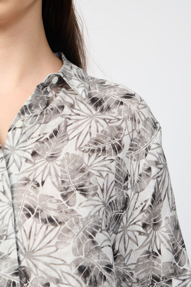 Chemise En Lin À Manches Courtes Et Imprimé Feuilles De Palmier - Carbone - Femme