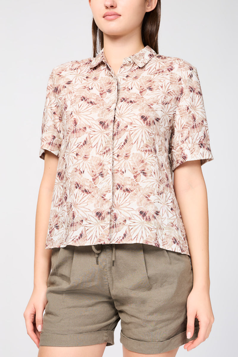 Chemise En Lin À Manches Courtes Et Imprimé Feuilles De Palmier - Muscade - Femme