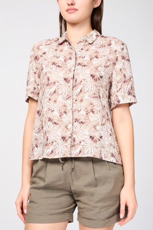 Chemise En Lin À Manches Courtes Et Imprimé Feuilles De Palmier - Muscade - Femme