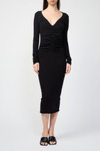 Robe Froncée Décolletée En V - Noir - Femme