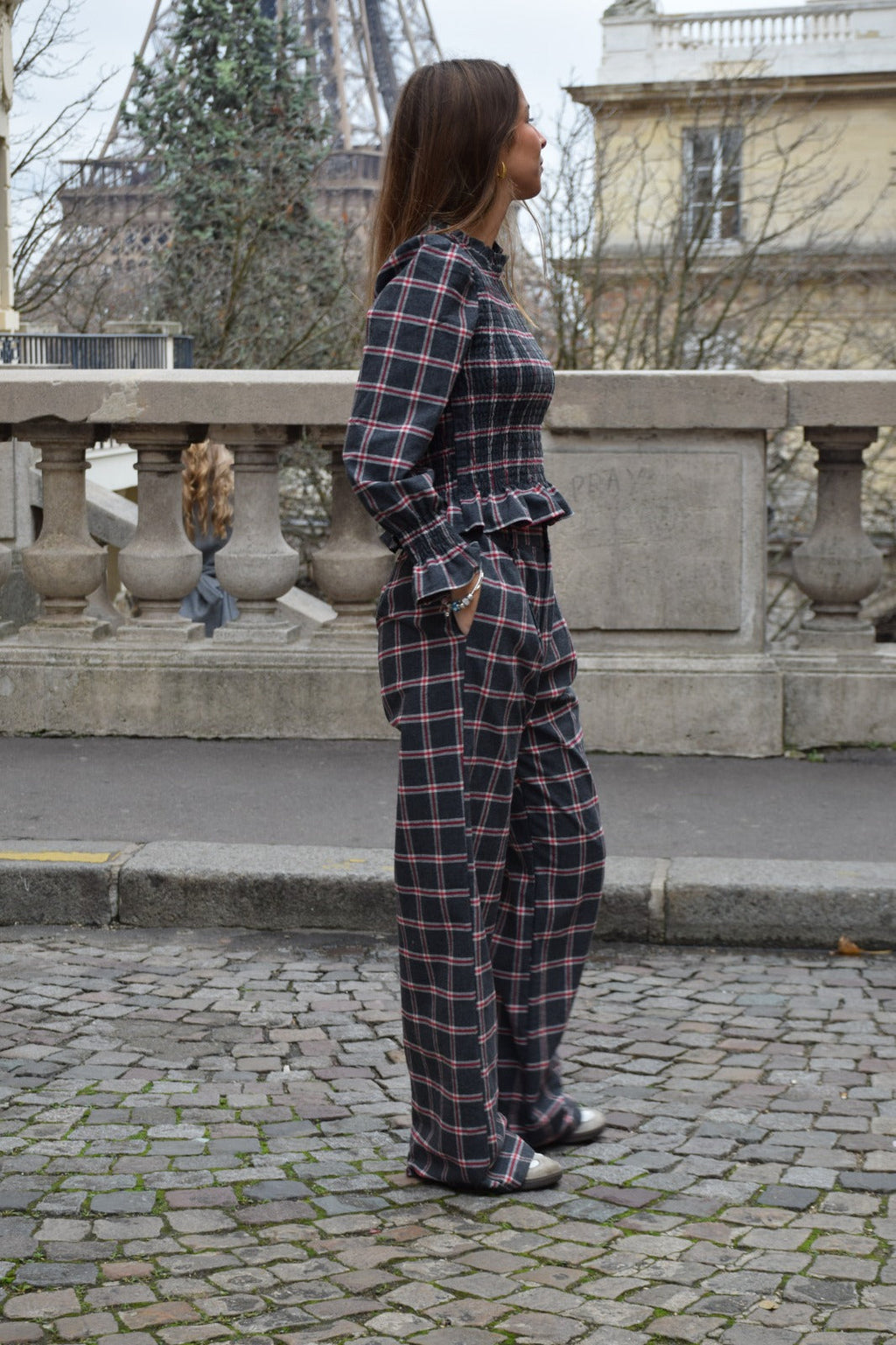 Pantalon Alia Carreaux Gris Et Rouge