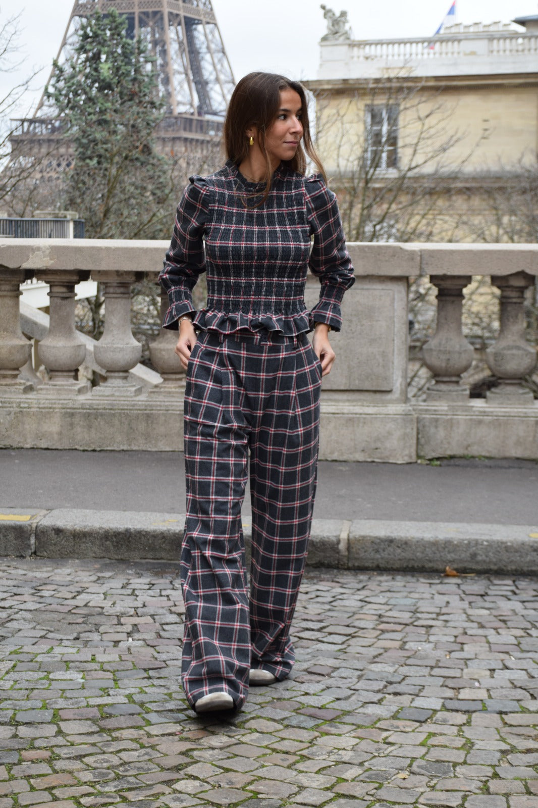 Pantalon Alia Carreaux Gris Et Rouge