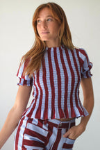 Blouse Chía Rayures Manches Courtes Bordeaux Et Bleu Clair