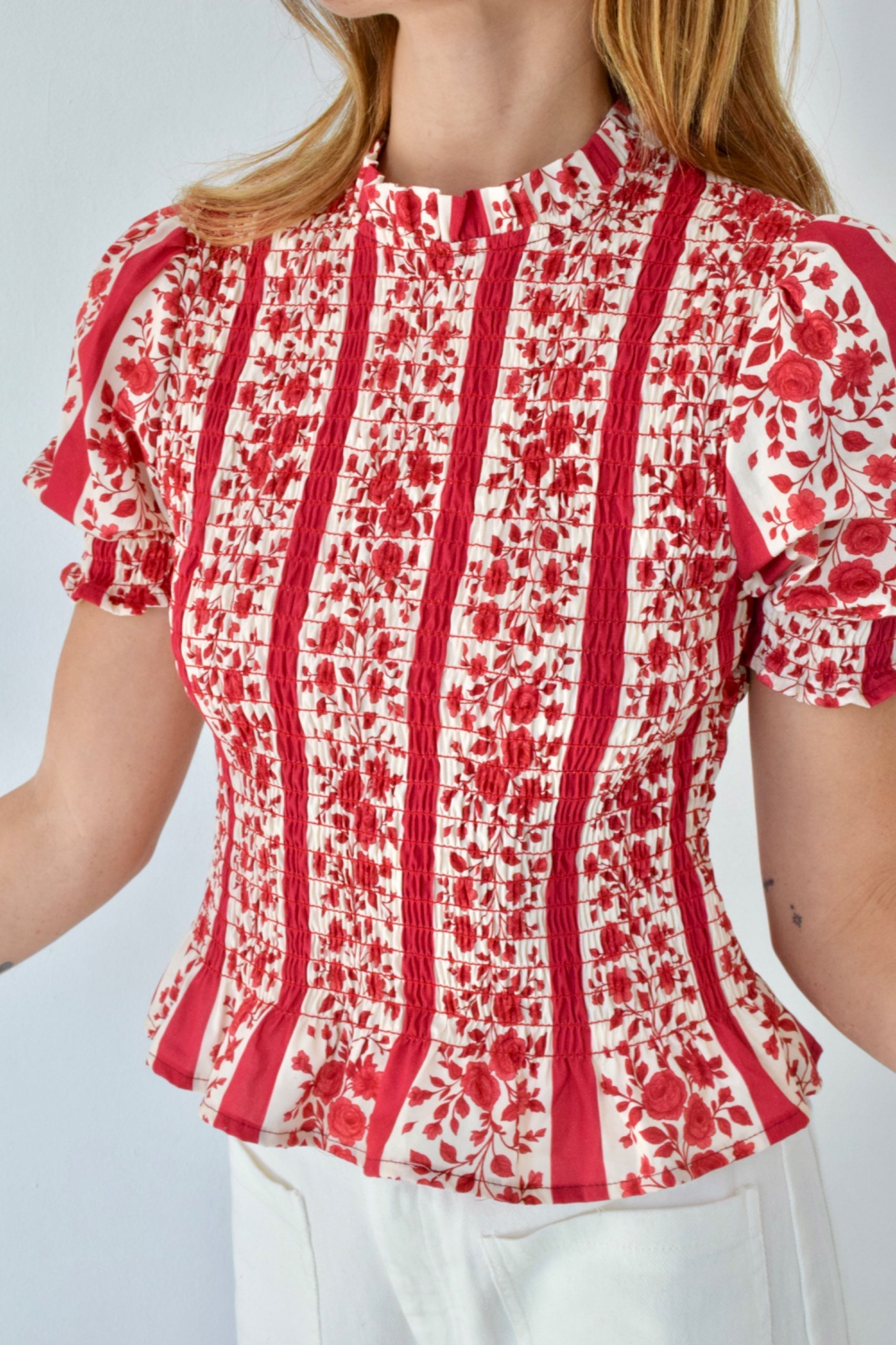 Blouse Chía Fleurs Manches Courtes Rouge