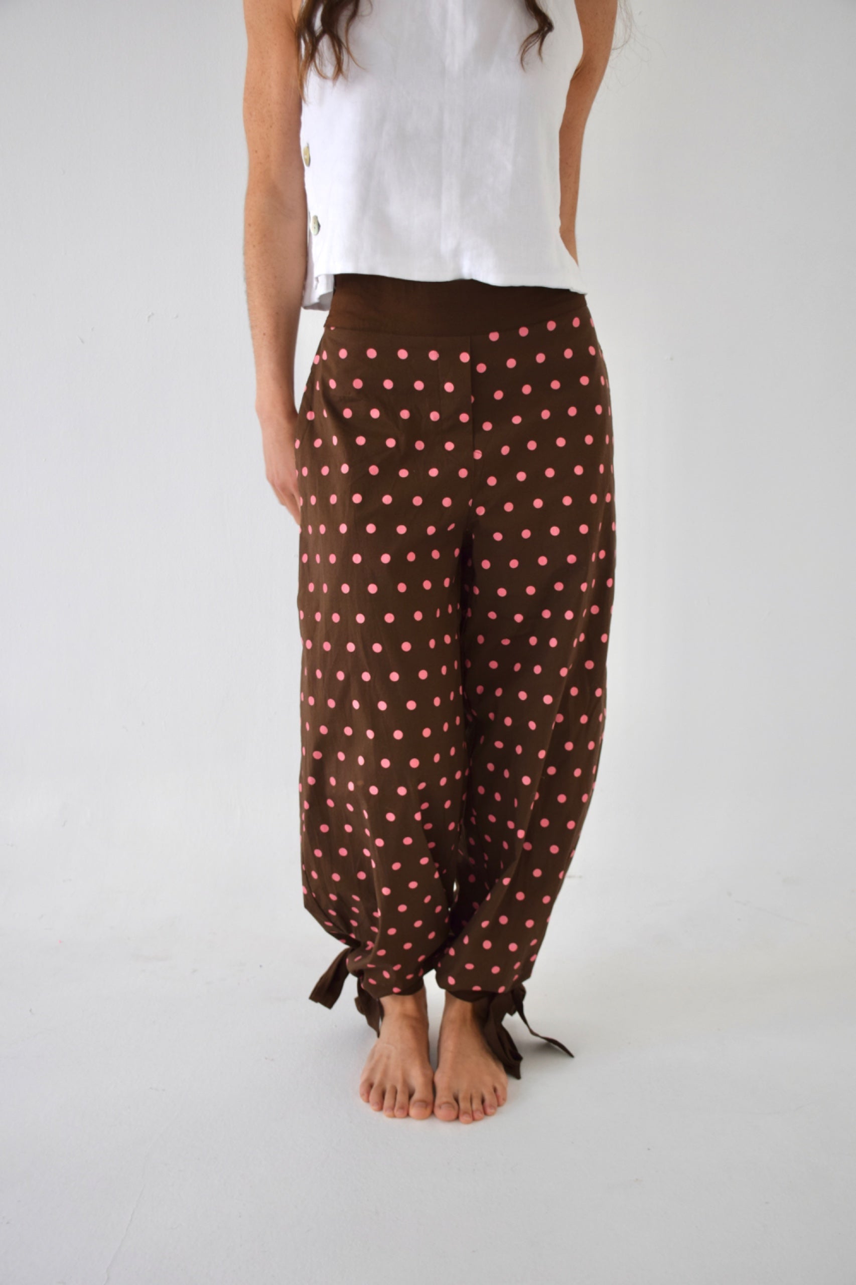 Pantalon Lia Pois Marron Et Rose