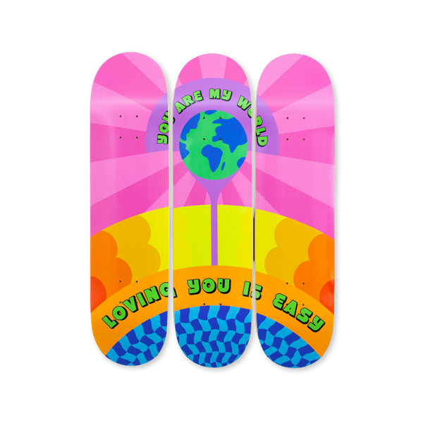 Yinka Ilori's Tryptich You are my world Loving you is easy skateboard art by the skateroom